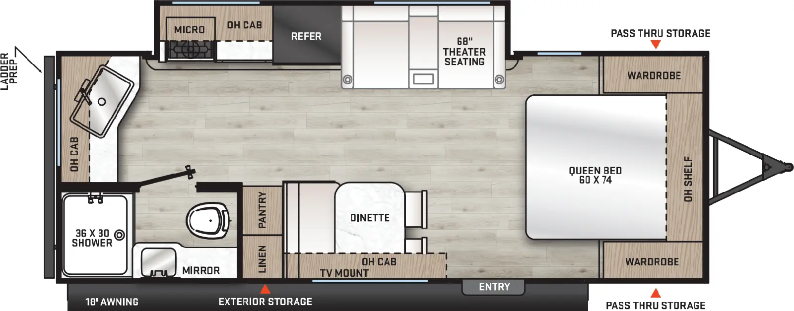 The 22MLS has one slideout and one entry. Exterior features front pass-thru storage, 10 foot awning, and ladder prep. Interior layout front to back: foot-facing queen bed with overhead shelf and wardrobes on each side; off-door side slideout with theater seating, refrigerator, kitchen counter with cooktop, and overhead cabinet with microwave; door side entry, dinette, overhead cabinet, TV mount, pantry, and linen closet; rear door side full bathroom with mirror, and rear kitchen counter with sink and overhead cabinet.